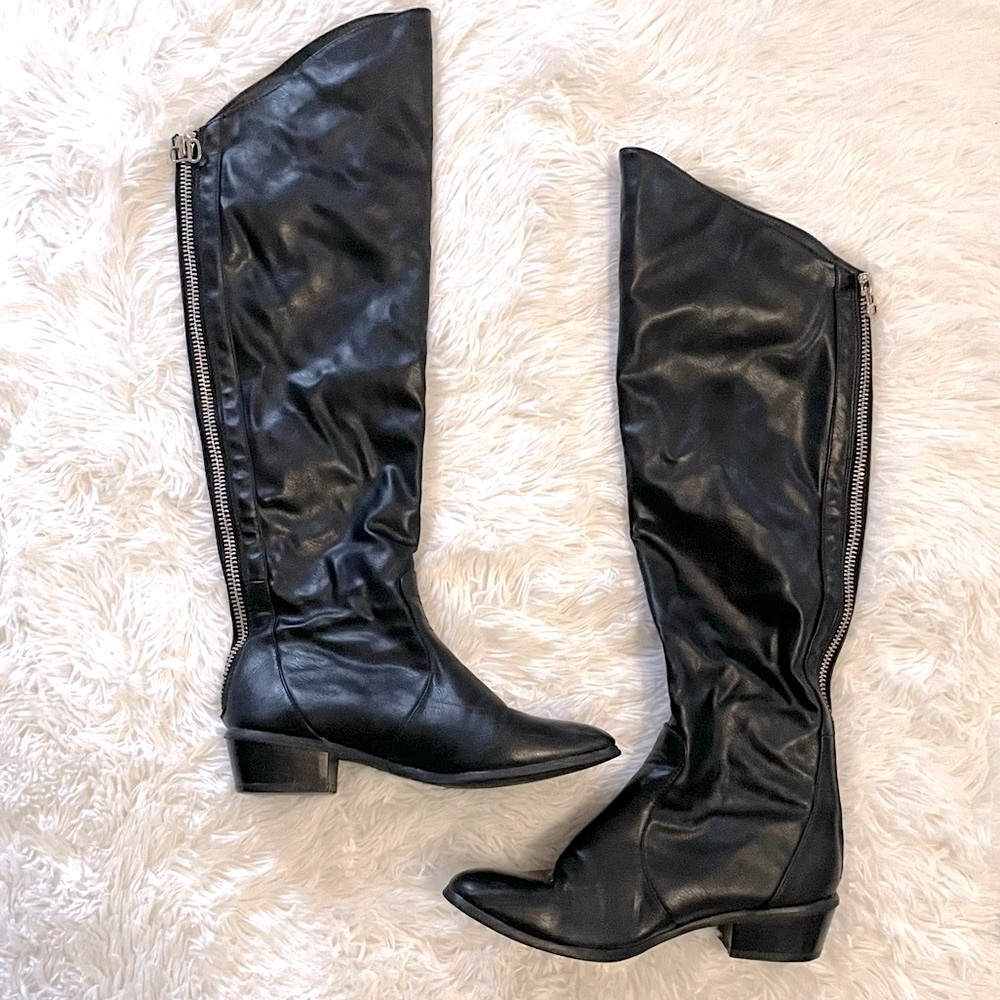 Black Exposed Zipper Over the Knee Riding Boots, 7.5